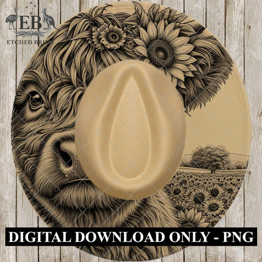 Highland Cow & Sunflowers, Hat Burning Design, Hat Engraving Template, Laser Hat Design, Wide Brim Hat Design, PNG, EB860