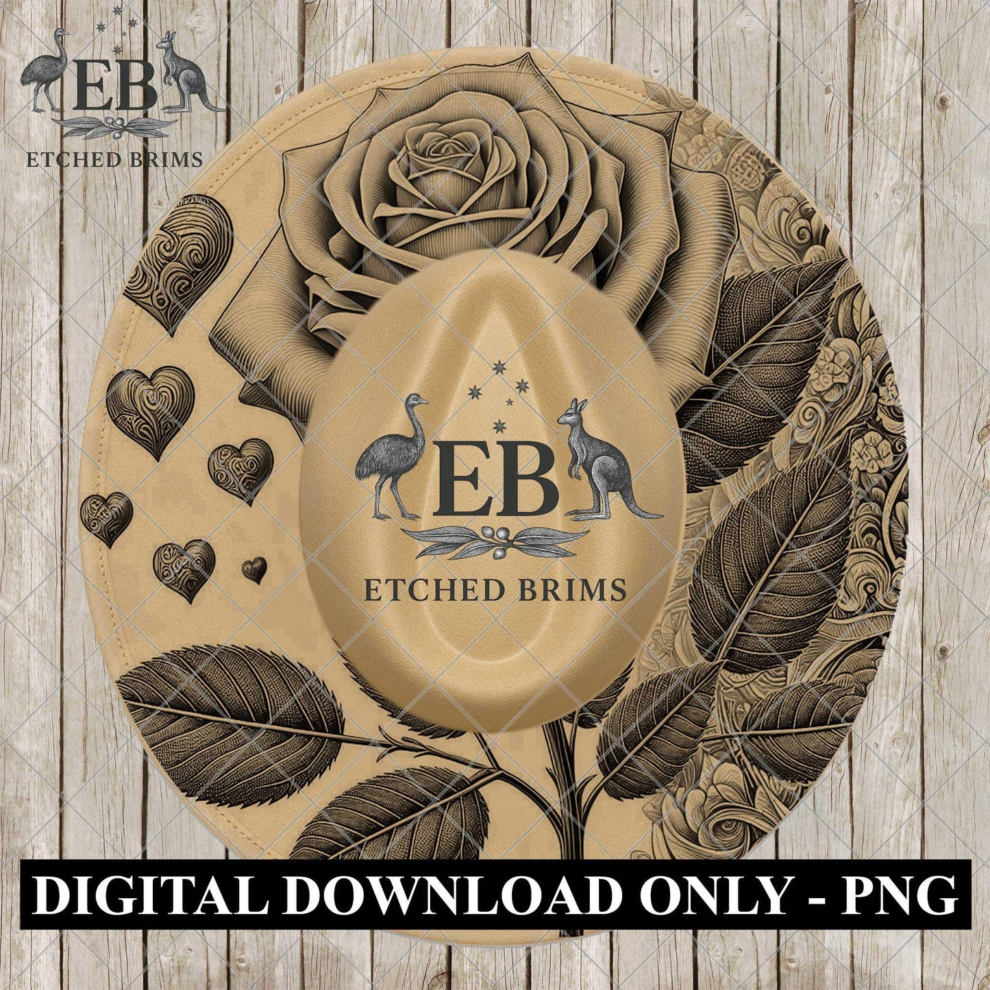 Valentine Rose, Hat Burning Design, Digital Download PNG, Hearts, Wide Brim Hat Laser Template, EB1127