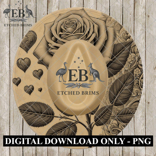 Valentine Rose, Hat Burning Design, Digital Download PNG, Hearts, Wide Brim Hat Laser Template, EB1127