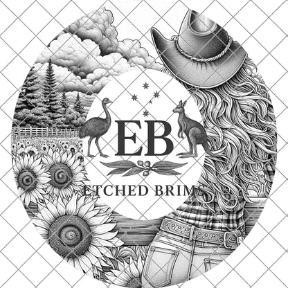 Cowgirl & Sunflowers 3, Hat Burning Design, Wide Brim Hat Burning Template, Laser Hat Engraving Template, Printable Stencil, EB764