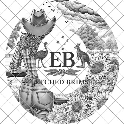 Cowgirl & Sunflowers 7, Hat Burning Design, Wide Brim Hat Burning Template, Laser Hat Engraving Template, Printable Stencil, EB766