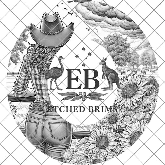 Cowgirl & Sunflowers 7, Hat Burning Design, Wide Brim Hat Burning Template, Laser Hat Engraving Template, Printable Stencil, EB766