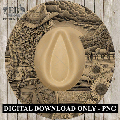 Cowgirl & Sunflowers 5, Hat Burning Design, Wide Brim Hat Burning Template, Laser Hat Engraving Template, Printable Stencil, EB762