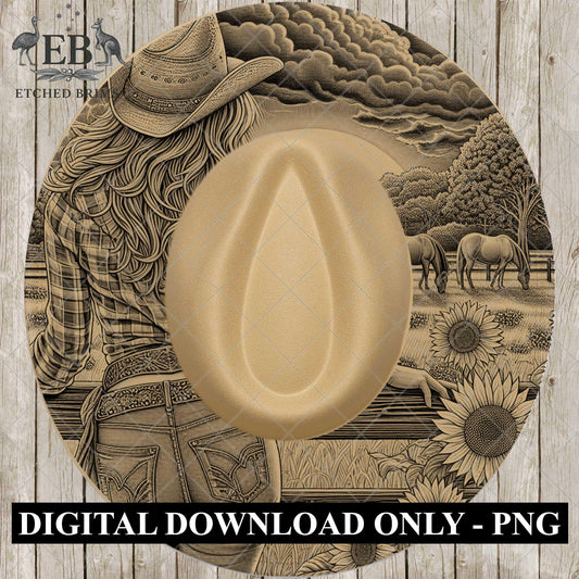 Cowgirl & Sunflowers 5, Hat Burning Design, Wide Brim Hat Burning Template, Laser Hat Engraving Template, Printable Stencil, EB762