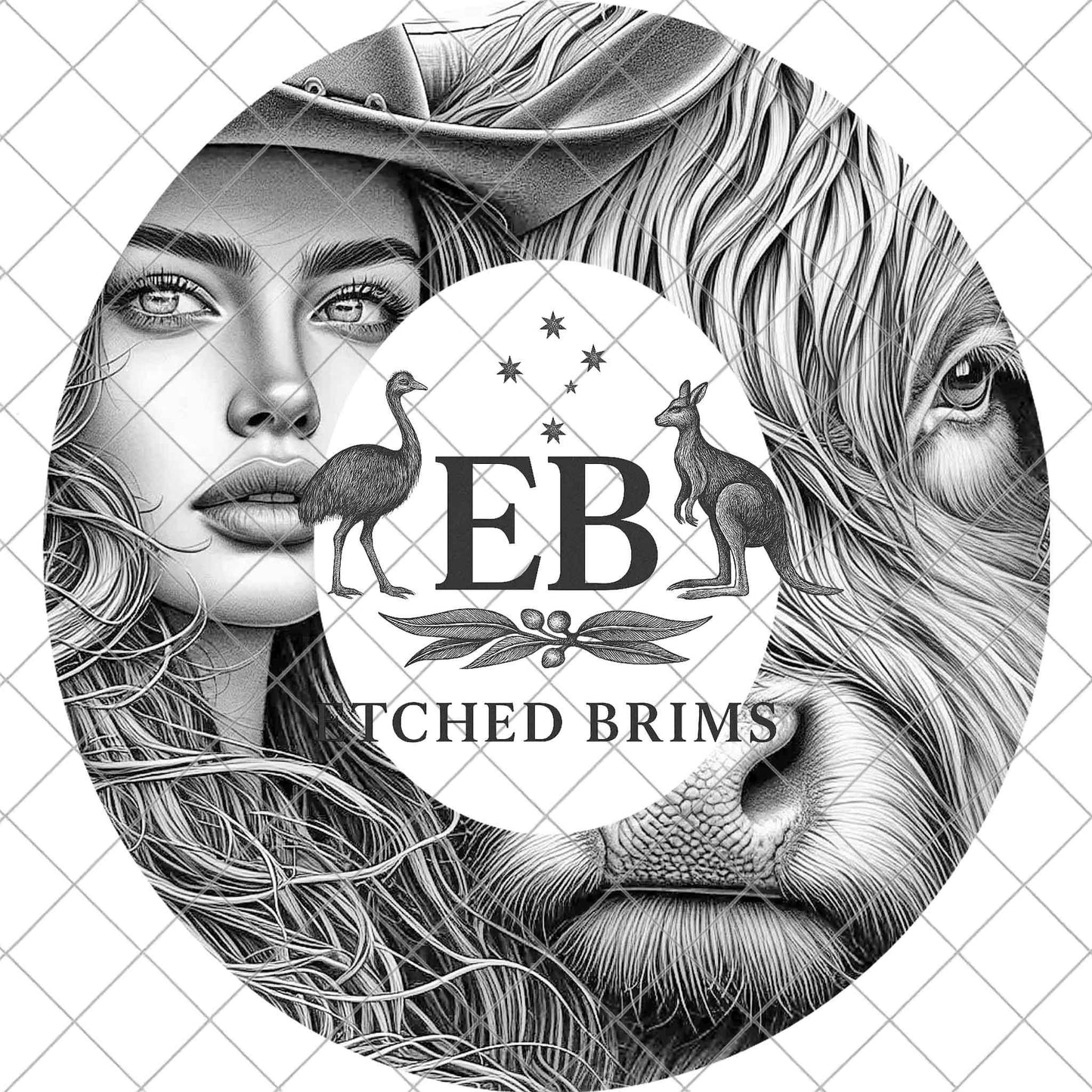 Highland Cow and Cowgirl, Hat Burning Template (Digital Download), Wide Brim Cowboy Hat, EB1094