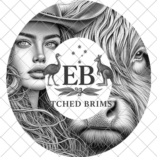 Highland Cow and Cowgirl, Hat Burning Template (Digital Download), Wide Brim Cowboy Hat, EB1094