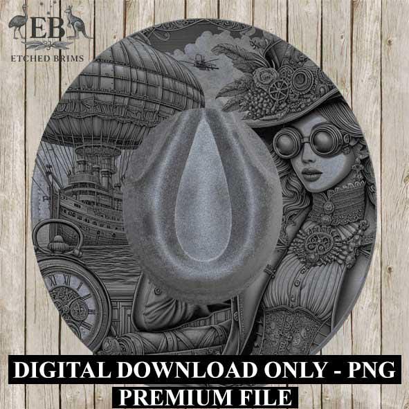 Steampunk 10 Hat Engraving Template, Digital Download Fedora Brim Design with Airship & Steampunk Lady, Laser Hat Design, Hat File EB363