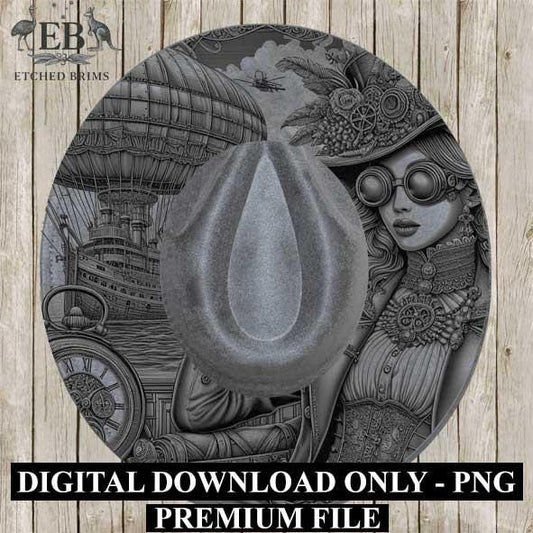 Steampunk 10 Hat Engraving Template, Digital Download Fedora Brim Design with Airship & Steampunk Lady, Laser Hat Design, Hat File EB363