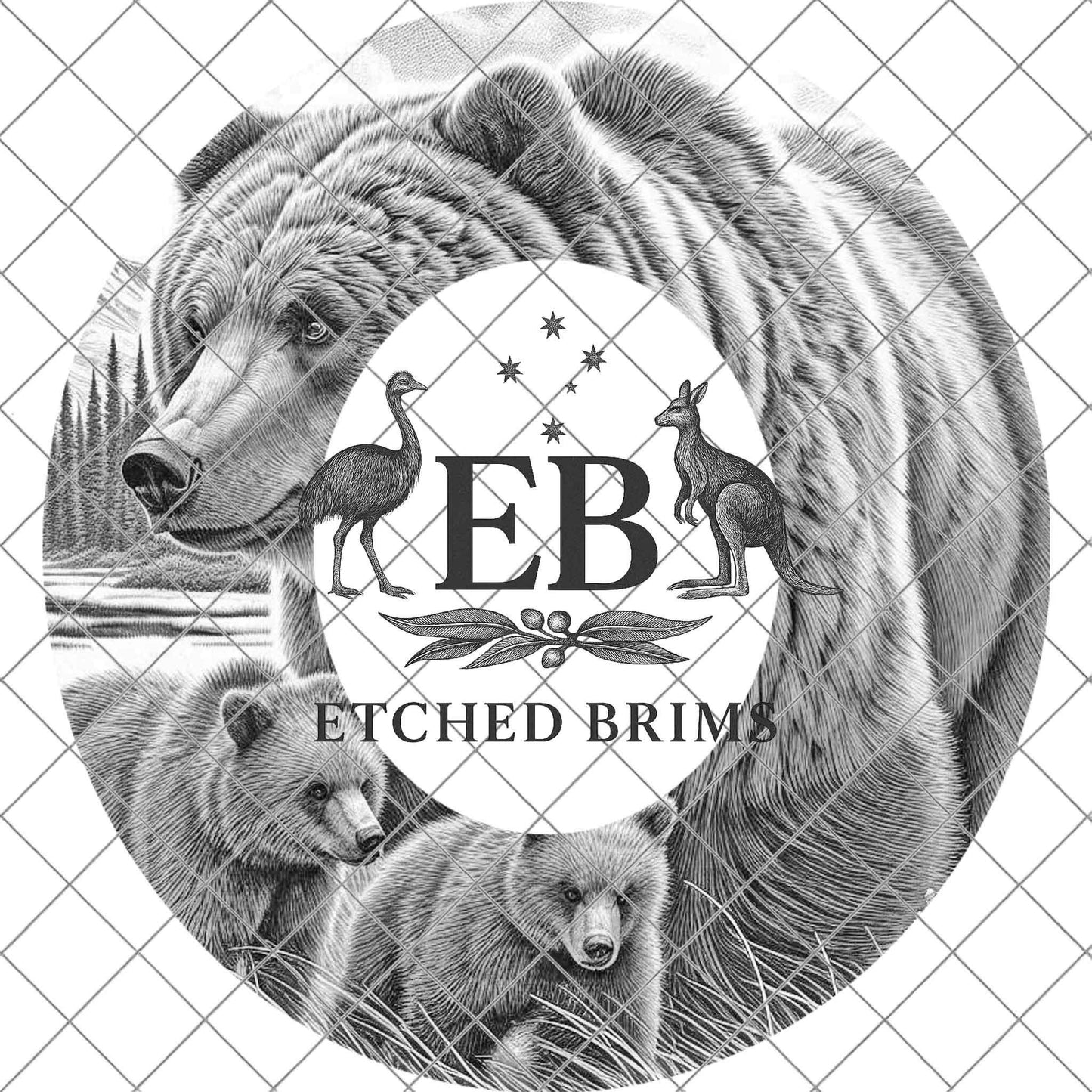 Grizzly Bear & Cubs, Hat Burning Design, Wide Briim Hat Template, Hat Laser Engraving Design, Digital Download PNG, EB739