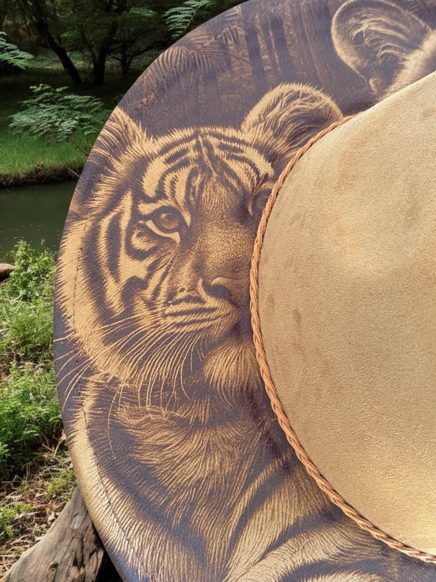 Whispers of the Wild – Laser Engraved Tiger Brim Hat,  Wide Brim Hat, Vegan Suede Fedora Hat, Laser Engraved, Cowboy Hat, Burned Fedora