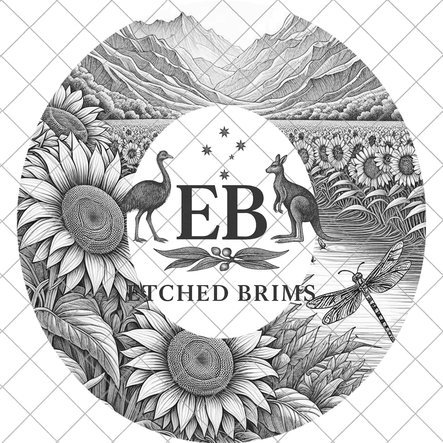 Sunflowers, Mountains and Dragonfly, Hat Burning Design, Laser Engraving Template, PNG, PDF included, EB988