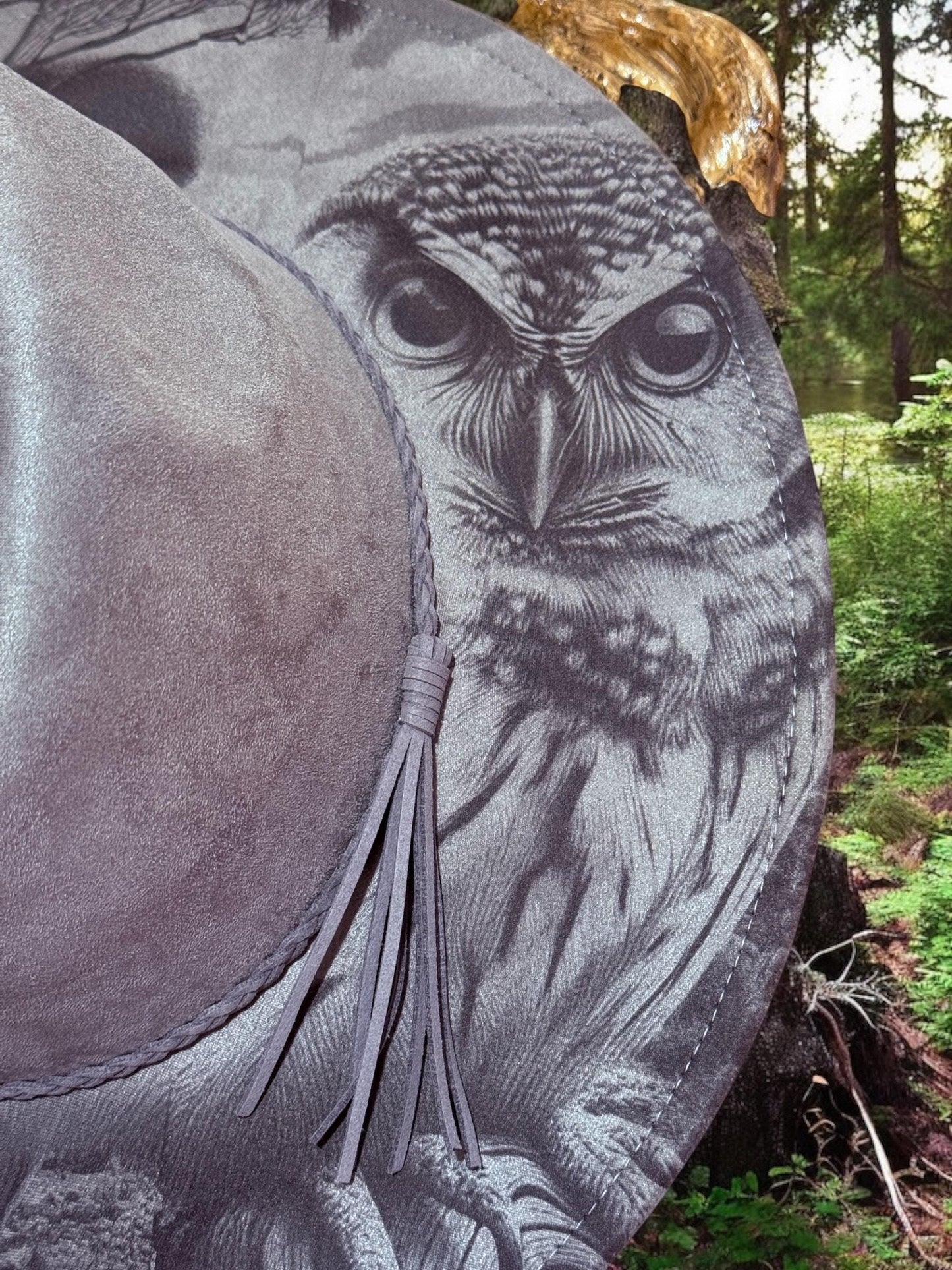 Watcher of the Woods - Owl Engraved Wide Brim Hat, Vegan Suede Fedora Hat, Laser Engraved, Cowboy Hat, Burned Fedora, Owl Design