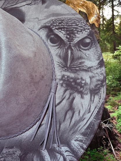 Watcher of the Woods - Owl Engraved Wide Brim Hat, Vegan Suede Fedora Hat, Laser Engraved, Cowboy Hat, Burned Fedora, Owl Design