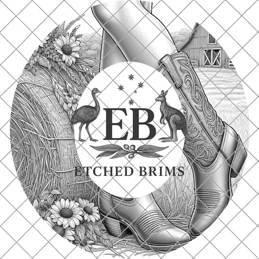 Cowgirl Boots & Sunflowers 3 Hat Burning Design, Western Brim PNG PDF Template, Digital Laser Design, Wide Brim Faux Suede Hat, EB633