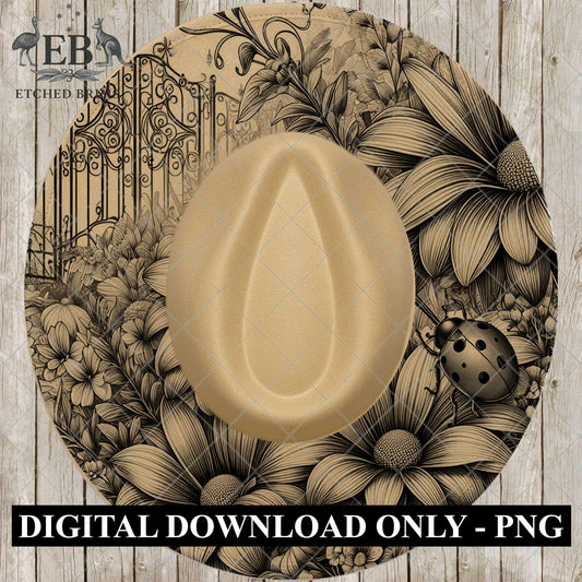 Ladybird Flowers Garden Gate Hat Burning Design, Cowboy Hat, Laser Template, Digital Download, EB1007