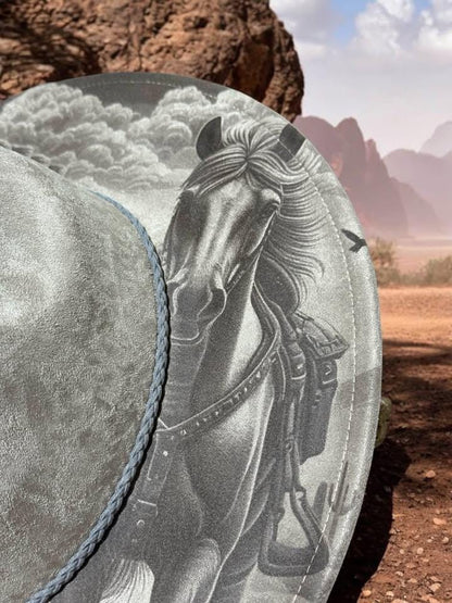 The Desert Spirit – Laser Engraved Horse & Wolf Brim Hat, Wide Brim Hat, Vegan Suede Fedora Hat, Laser Engraved, Burned Fedora
