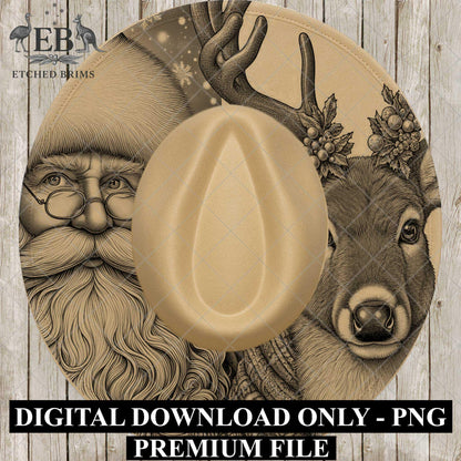 Santa & Reindeer Christmas, Hat Burning Design, Festive Digital Download, Hat Burning Template, Wide Brim Hat Design, Hat Stencil, EB686
