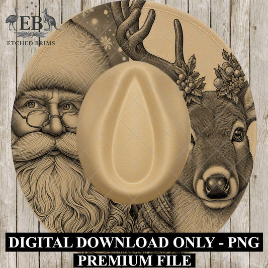 Santa & Reindeer Christmas, Hat Burning Design, Festive Digital Download, Hat Burning Template, Wide Brim Hat Design, Hat Stencil, EB686
