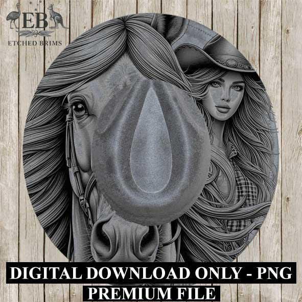 Cowgirl Horse 6, Laser Hat Burning Design, Digital Download PNG, Hat Burning Template, Hat Laser Engraving Design, Wide Brim Hat File EB226