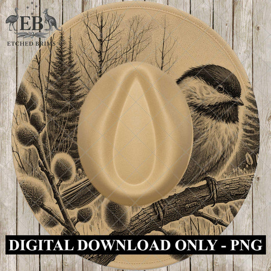Chickadee Bird, Hat Burning Design for Wide Brim Hats. PNG for Laser Engraving and PDF Burning Stencil for Hand Burning, EB744