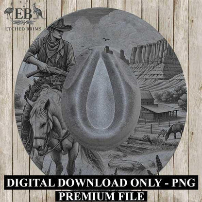 Cowboy & Horse 13 Hat Engraving, Western Brim PNG Template, Digital Laser Design Wide Brim Faux Suede Hat, Boho,Laser Hat Burning File EB169