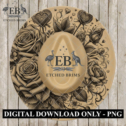 Roses & Hearts Valentine, Laser Engraving Design, Digital Download PNG, Wide Brim Hat Design, EB1123