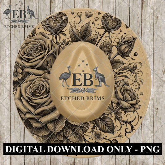 Roses & Hearts Valentine, Laser Engraving Design, Digital Download PNG, Wide Brim Hat Design, EB1123
