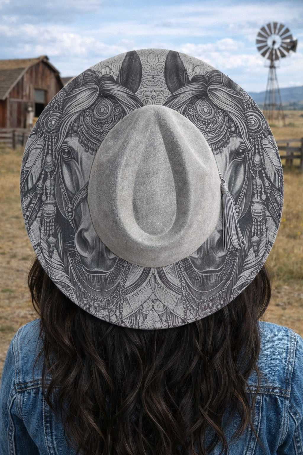Twin Spirit Horses – Laser Engraved Indian Horses, Wide Brim Hat, Vegan Suede Fedora Hat, Laser Engraved, Burned Fedora