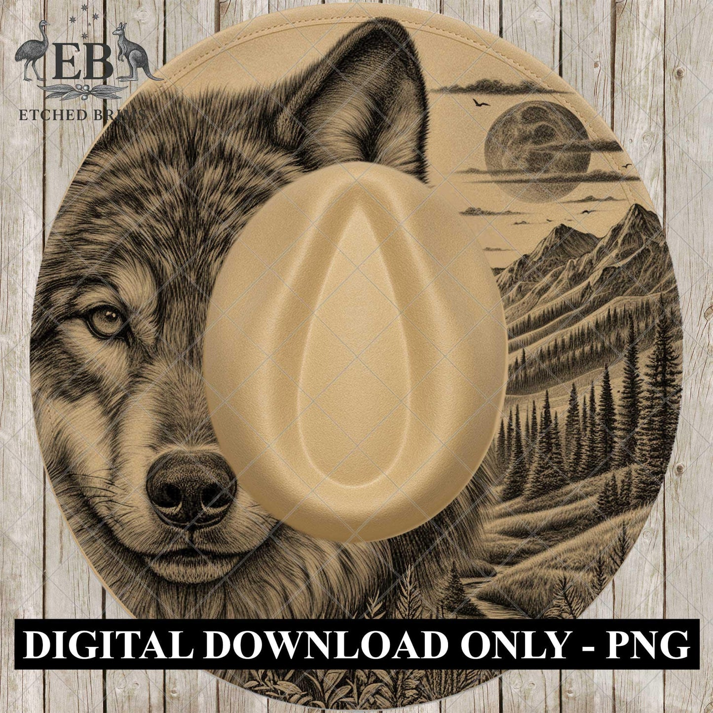 Wolf Hat Engraving Template, Wide Brim Hat Pattern, Templates Hat Burning Design, PNG, EB801