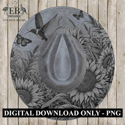 Sunflowers, Butterflies and Hummingbird 2 Hat Burning Template for Laser Engraving and Hand Burning, PNG and 4 page PDF included, EB582