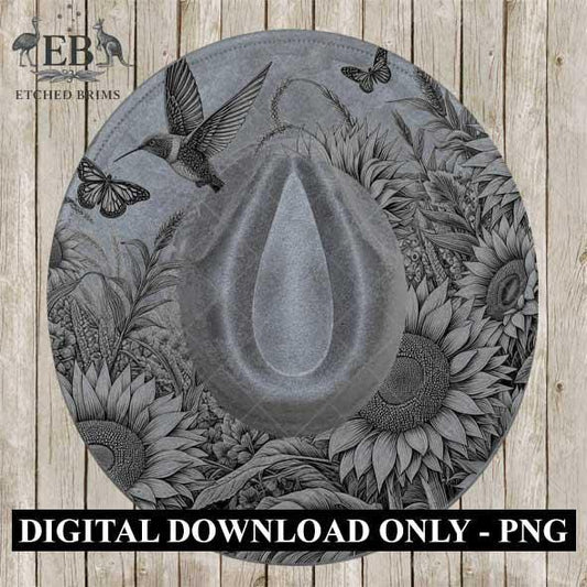 Sunflowers, Butterflies and Hummingbird 2 Hat Burning Template for Laser Engraving and Hand Burning, PNG and 4 page PDF included, EB582