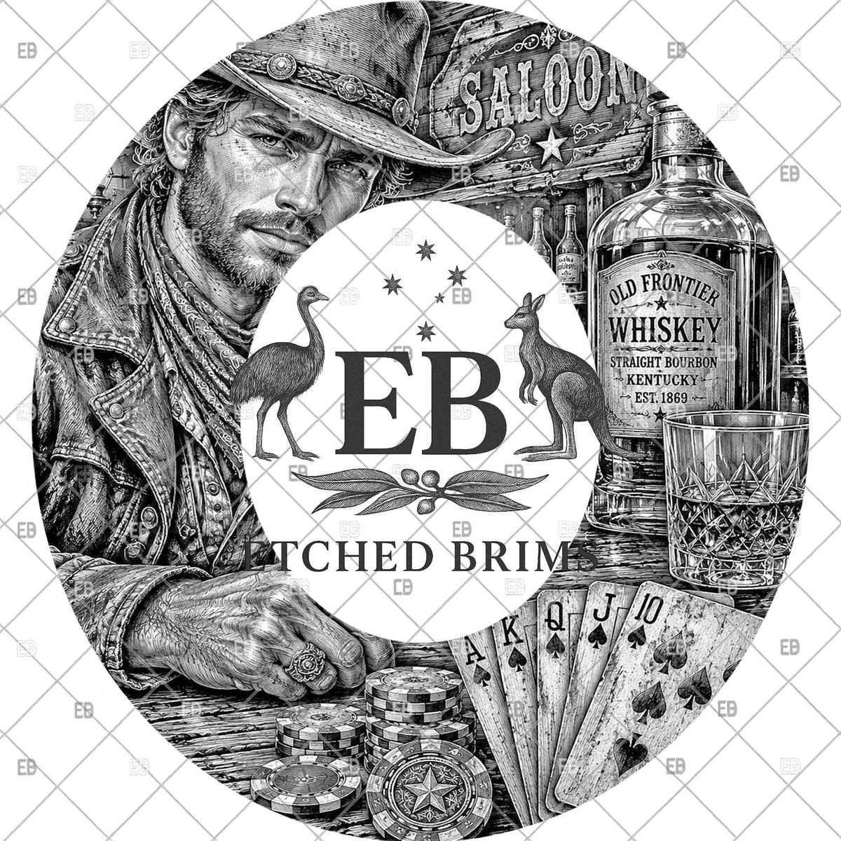 Western Cowboy Whiskey Cards Hat Burning Template, Wide Brim Laser Hat Engraving Design, Printable Stencil, EB1376