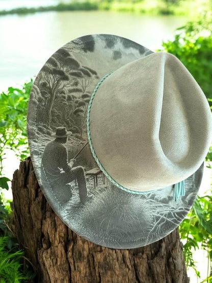 The Bushman’s Retreat - Engraved Fishing Camping Scene Wide Brim Hat, Vegan Suede Fedora Hat, Laser Engraved, Cowboy Hat, Burned Fedora