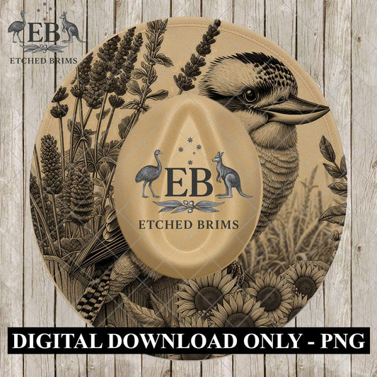 Australian Kookaburra Hat Engraving, Sunflowers, Lavender, Laser Burning Design, Wide Brim Fedora, PDF & PNG File, EB1098