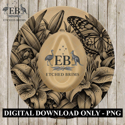 Stargazer Lillies and Butterfly, Laser Hat Engraving, Digital Download PNG, PDF, Cowboy Hat Design, EB1111