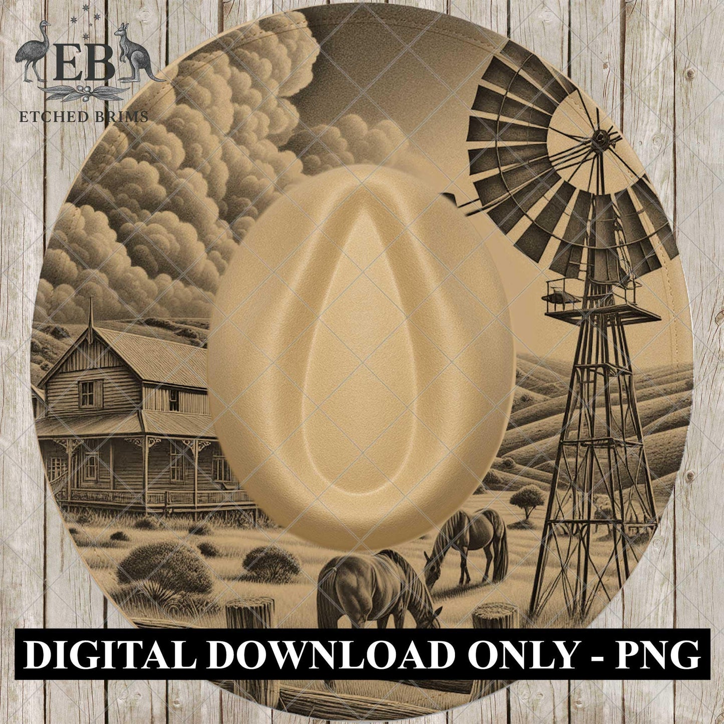 Windmill and Horses, Hat Burning Design, Outback Homestead, Rustic Western Country Farm, Laser Engraving Template for Wide Brim Hat, EB1040