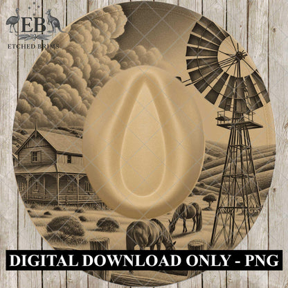 Windmill and Horses, Hat Burning Design, Outback Homestead, Rustic Western Country Farm, Laser Engraving Template for Wide Brim Hat, EB1040
