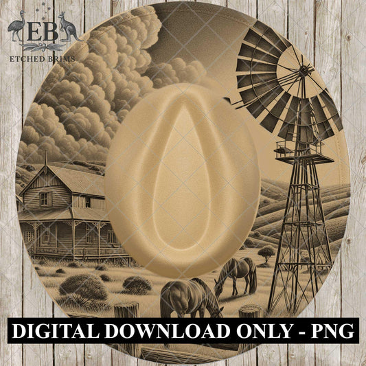 Windmill and Horses, Hat Burning Design, Outback Homestead, Rustic Western Country Farm, Laser Engraving Template for Wide Brim Hat, EB1040