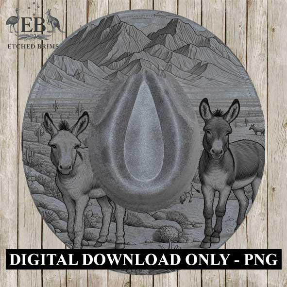 Donkey Mule 1 Laser Burning Engraved Hat, Western Fedora Brim with Desert Mountains & Cactus Scene, Rustic Cowboy Cowgirl Rodeo Style, EB377