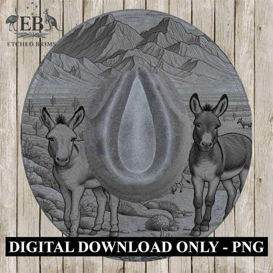 Donkey Mule 1 Laser Burning Engraved Hat, Western Fedora Brim with Desert Mountains & Cactus Scene, Rustic Cowboy Cowgirl Rodeo Style, EB377