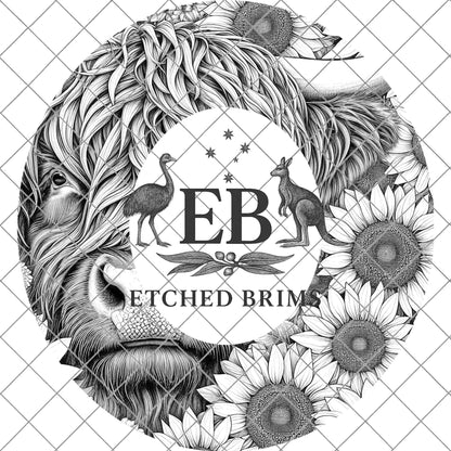 Highland Cow and Sunflowers 3, Hat Burning Design, Digital Download PDF & PDF for Hand Burning, Wide Brim Hat, Printable Hat Template, EB606