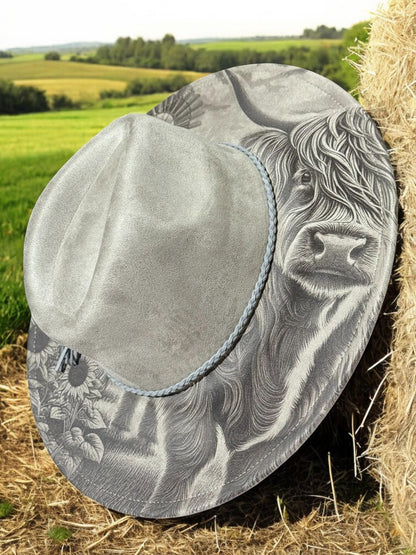 Highland Cow Laser Engraved Hat – Rustic Western Brim with Sunflowers & Windmill | Country Rodeo Cowboy Cowgirl Fedora