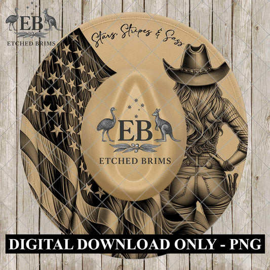 American Flag and Woman, Hat Burning Design, Cowgirl Hand Burning Stencil, PDF & PNG, Template, Laser Engraving File, EB1149