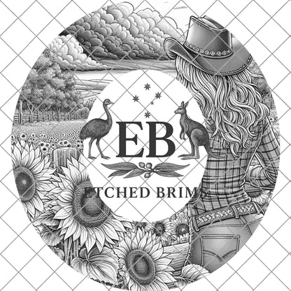 Cowgirl & Sunflowers 6, Hat Burning Design, Wide Brim Hat Burning Template, Laser Hat Engraving Template, Printable Stencil, EB763