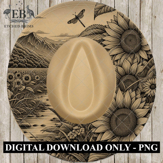 Dragonfly, Sunflowers, Mountain Scenery, Hat Burning Design, Laser Engraving Template, PNG, PDF included, EB990