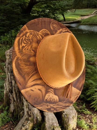 Whispers of the Wild – Laser Engraved Tiger Brim Hat,  Wide Brim Hat, Vegan Suede Fedora Hat, Laser Engraved, Cowboy Hat, Burned Fedora