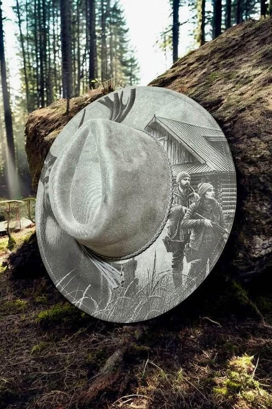 Hunters Retreat - Engraved Stag & Cabin Wide Brim Hat, Vegan Suede Fedora Hat, Laser Engraved, Cowboy Hat, Burned Fedora, Deer Hunter Design