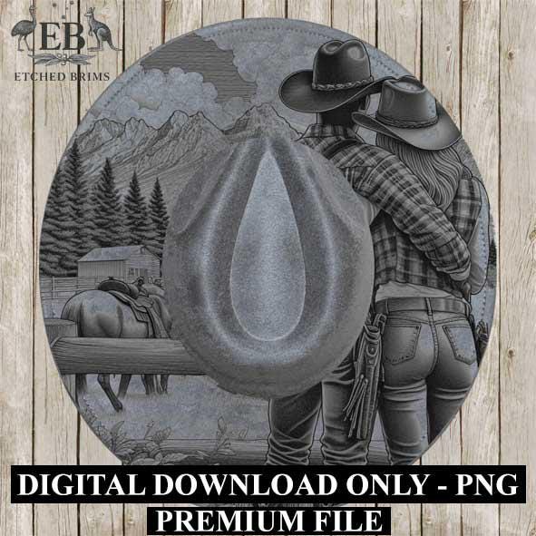 Cowgirl Cowboy 1, Laser Hat Burning Design, Digital Download PNG, Hat Burning Template, Hat Laser Engraving Design, Wide Brim Hat File EB211