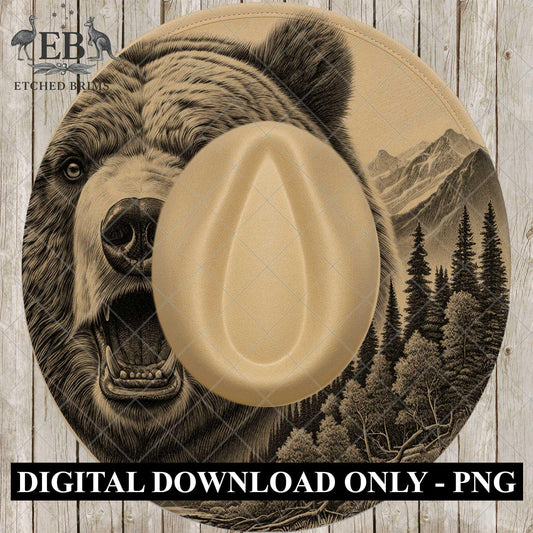 Grizzly Bear Forest, Hat Burning Design, Wide Briim Hat Template, Hat Laser Engraving Design, Digital Download PNG, EB736