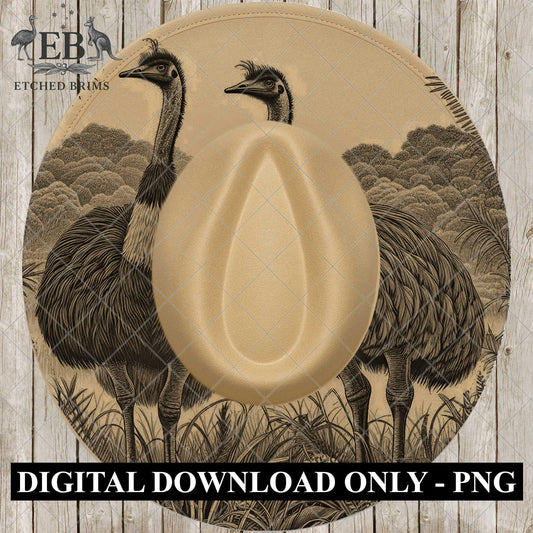 Emu and Ostrich Hat Burning Design, Laser Engraving File for Wide Briim Fedora Hat. EB965
